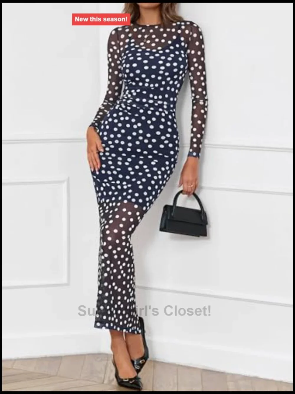 Polka Dot 2 Piece Set Long Sleeve Mesh Bodycon Dress with Slip Dress Party